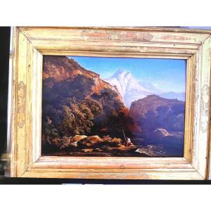  "the Fisherman" In A Mountain Valley, Framed Oil On Canvas By Luigi Venturi, 19th Century
