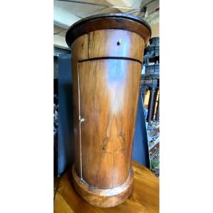 Delicate Round Bedside Table In Blond Walnut Veneer: "somno" From The First Empire Period, Drawer & Door.