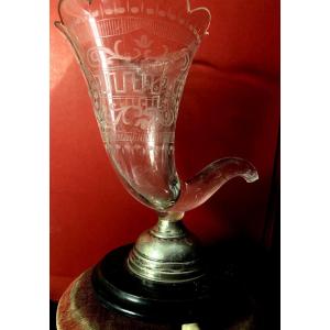 Exquisite "cornucopia" Vase In Engraved Blown Crystal, Silver Base, Black And Ivory Lacquer