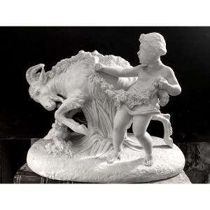  Important 19th-century French Biscuit: Young Putti On A Rose-leaded Rope Leading A Spirited Goat 