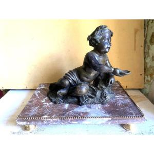  Charming "putti Holding A Shell", Patinated Bronze, 18th Century, On Its Pink Veined Marble Base
