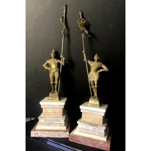 Pair Of Renaissance Armored Warriors Bearing Patinated Bronze Standards, Marble Pedestal