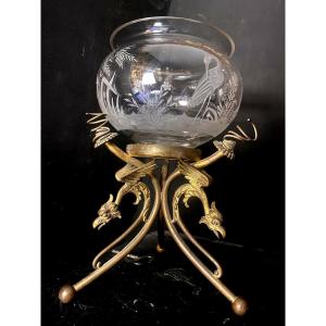 Unusual Napoleon III Engraved Glass Aquarium Jar On Its Gilt Bronze Tripod Base.