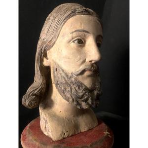  Large And Expressive Polychrome Wooden Head Of Christ, 18th Century, With Sulphide Eyes 