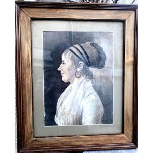 Large Late 18th-century Profile Portrait Of A Lady By R. Meillier, An Artist From Reims, Using Three Crayons.