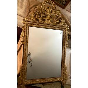 Important Louis XVI Style Mirror In Giltwood With Palmette Frame And Openwork Pediment, 19