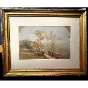  Fine Gouache On Brown Paper, Framed: Landscape With A Path Between Birch Trees And Figures