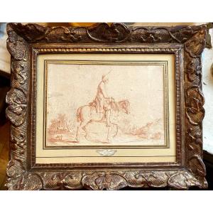 Original 18th-century Sanguine Drawing Attributed To Debucourt: "the Traveler And His Mount", 18th-century Gilt Frame