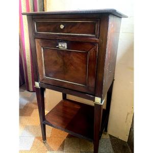 Exquisite Directoire Bedside Table In Mahogany With Copper Inlay, One Drawer, One Trapdoor And One Low Shelf