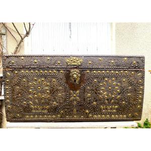 "noble Carriage Trunk" Studded In Leather With A Domed Lid, From The Louis XIV Period With A Decorated Front