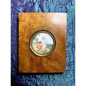 Presented In A Light Burl Wood Frame, Pretty Peasant Woman With A Basket, Miniature S/ivory