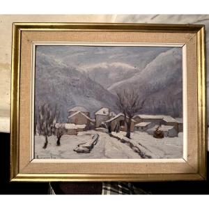 Oil Painting Of Snow In The Mountains, Artwork/painting Board, Early 20th Century, Framed, Signed Bargarolès