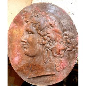 Large Oval Terracotta Profile In High Relief From Castelnaudary Depicting The God Bacchus, Late 18th Century