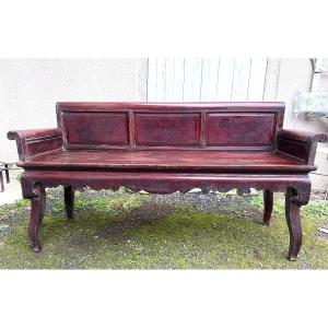 Elegant Indo-chinese Style Bench With Back And Armrests, Three Lacquered Panels, And Shaped Legs