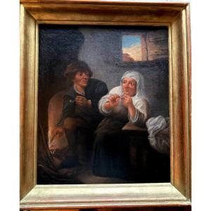 Painting Depicting A Peasant Couple In An Inn, Fine Oil On Canvas, 18th Century, Framed