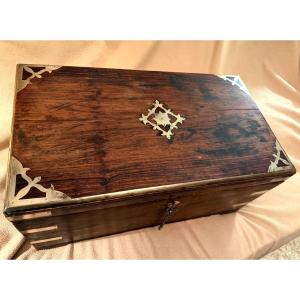 Generous 19th-century Indo-portuguese Rosewood Marine Chest With Brass Decoration And Reinforcements