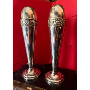 Pair Of Art Déco Vases By Durousseau Un Silver Plate Métal Form Obus