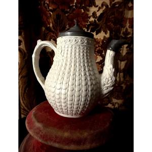  Charming English Earthenware Ewer In White With A Pewter Lid And Spout, 19th Century 