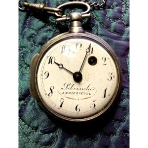  Very Beautiful Silver Pocket Watch With A Rooster Motif By Lebeissclier Of Briquebec And Its Chain, Late 18th Century