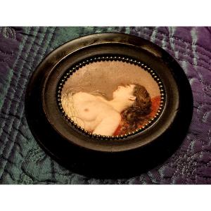  Fine 19th Century Miniature On Ivory In An Oval Frame: "woman's Bust Uncovered In Her Sleep"