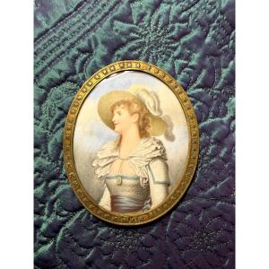 Generous Oval Miniature On Ivory Of A Court Lady In A Large Feathered Hat, Framed, 18th Century