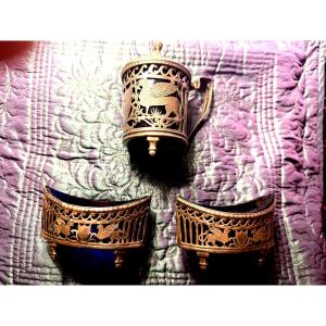  Silver Tableware Set With Hallmarks, Old Man, Salt Cellars And Mustard Pot, Late 18th Century, Etruscan Style
