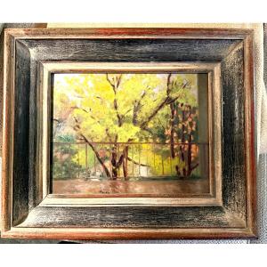 Impressionist Oil On Panel "the Terrace" From The Late 19th Century In Its Lovely Molded Frame