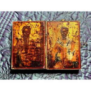 Very Rare Greek Travel Diptych Icon Depicting Christ And Saint Paul, 17th Century