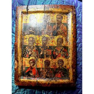 17th-century Greek Icon Depicting Nine Saints And Their Symbols, Very Finely Represented.