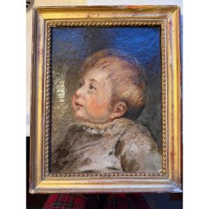  Charming Early 19th Century Portrait, School Of Greuze, "attentive Child," Oil On Canvas, Beaded Frame