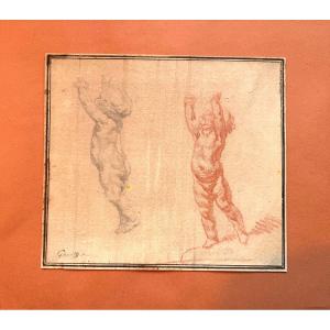  Beautiful Red Chalk And Black Chalk: Original Drawing; "the Slender Putti" By Jb Greuse, Late 18th Century