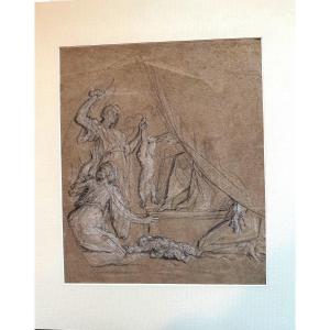 Preparatory Study In Baroque Style, 19th Century, In Black Pencil And White Chalk Highlights On Brown Paper