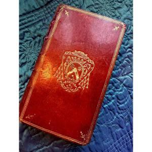 Red Morocco Leather Secret Box With Period Coat Of Arms, Mid-18th Century, Blue Silk Guards & Braid