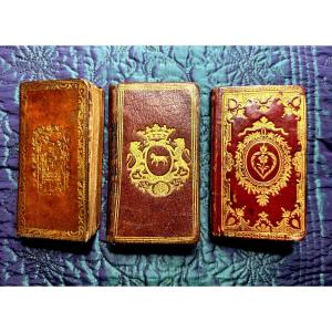 Collection Of Three Small 18th Century Almanacs With Decorated Covers And Morocco Leather Frames.