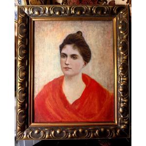 "the Young Woman With The Red Shawl", Portrait 1910, Oil On Canvas In A Beautiful Gilt Frame, Size 12f
