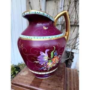 Giant Early 20th-century Earthenware Toilet Pitcher Decorated With Flowers On A Carmine Red And Gold Background