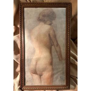 Delicate And Realistic Beautiful Sanguine Drawing Of A Young Nude Woman Seen From Behind, Framed, Circa 1925