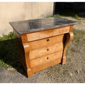 Simple And Elegant Charles X Commode With Hooks, Veneered In Blond Elm, 4 Drawers, Beautiful Veined Marble Top