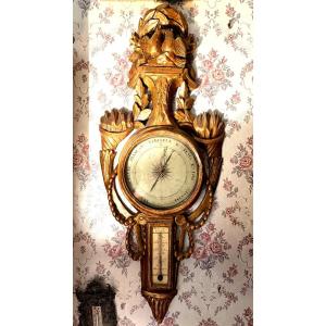Large Wall Barometer In Gilded Carved Wood With Cornucopias, Louis XVI Style, Barni Joli Paris