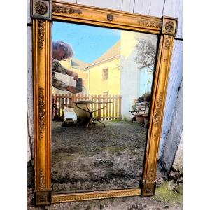 Beautiful, Understated Rectangular First Empire Fireplace Mirror With Wide Stucco And Bronze Molding
