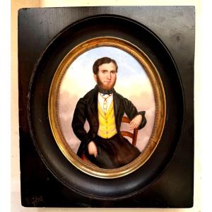 Miniature Portrait On Porcelain Of A Bourgeois Seated On A Chair In Full Dress