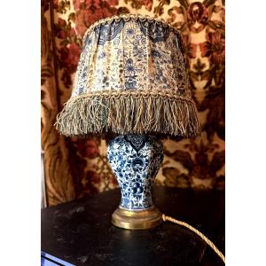 Charming Delftware Lamp With A Covered Pot And Fine Blue Motifs On White Enamel, Transformed In The 19th Century.