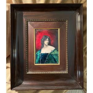Beautiful Portrait Of Théodora By Juana Romani (1867-1923) In Limoges Enamel From The