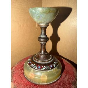 Precious Moss Agate And Green Onyx Bronze And Cloisonné Enamel Chalice Ring, 19th Century