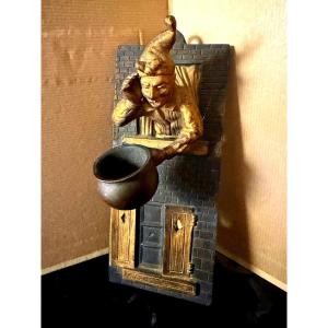 Amusing Bronze Match Holder With Two Patinas Of A Man In A Nightcap Throwing His Pot XIX