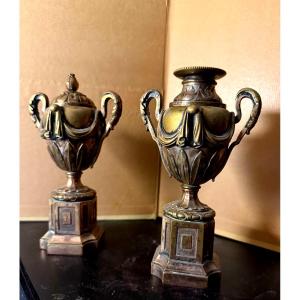 Pair Of Reversible Louis XVI Candlesticks In The Form Of A Park Vase On A Bronze XVIII Pedestal