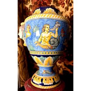 Large Nevers Vase, Ornamental And Polychromed Renaissance Style, Signed Montagnon.