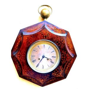 Beautiful Wall Clock Inlaid With Rosewood And Lemon, Oeil De Boeuf Faceted Sides Ch; X