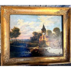 Fine Large Sound Landscape Painting To The Rhythm Of A Church In Its Charles X Period Frame