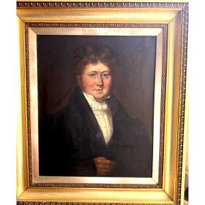 Large Mid-19th Century English Framed Oil On Canvas Depicting A Jovial Young Notable.